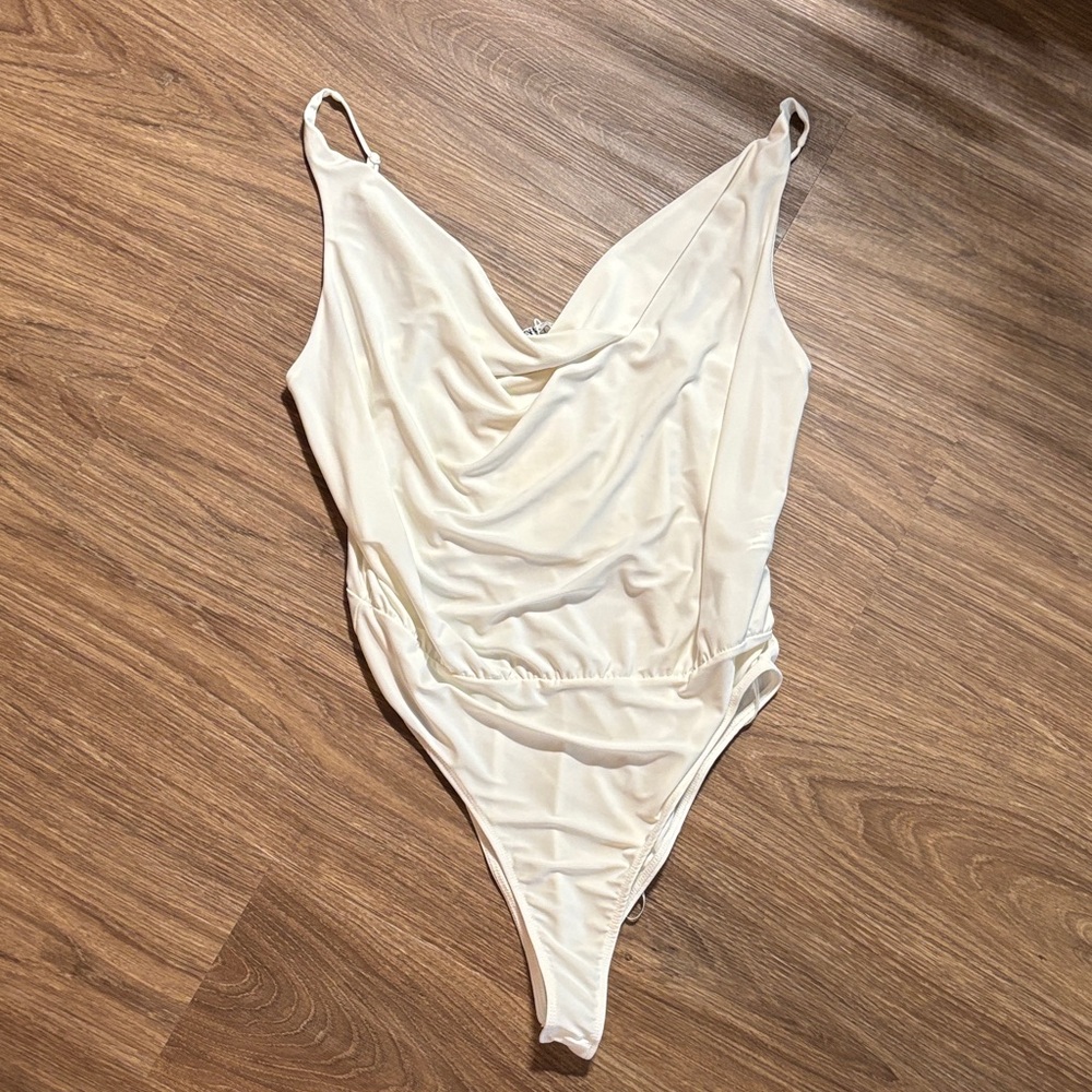NWT Zara Chic Cream Bodysuit with Draped Neckline white spaghetti strap large